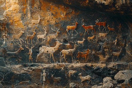 Reindeer paintings on the wall of a cave in Thailand.