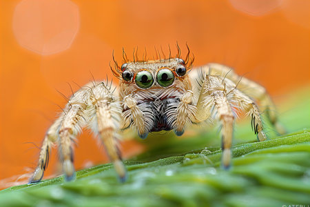 jumping spider close up on green leaf macro in nature or in the garden