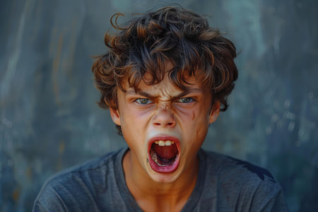 Close-up portrait of a young boy screaming on a dark backgroundの写真素材