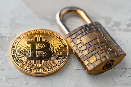 Golden bitcoin and padlock on concrete background. Cryptocurrency security concept.の写真素材