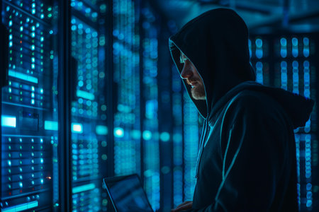 Hacker stealing data from server room. Cybercrime and internet security concept.