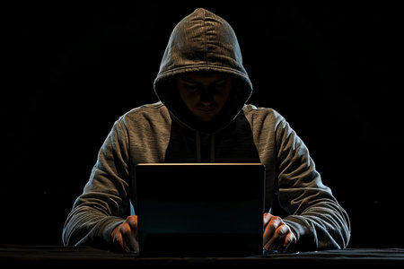 Hooded hacker stealing data from a laptop. Dark background.