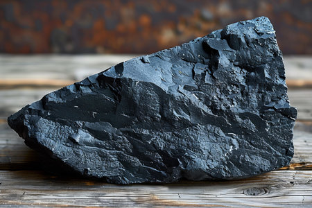 Natural black coal on a wooden background, selective focus, close-up