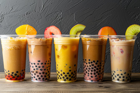 Glasses with tasty bubble tea and fruits on table, closeup
