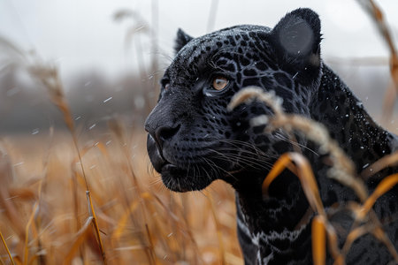 Portrait of a black leopard in the rain. Wild animal.の写真素材