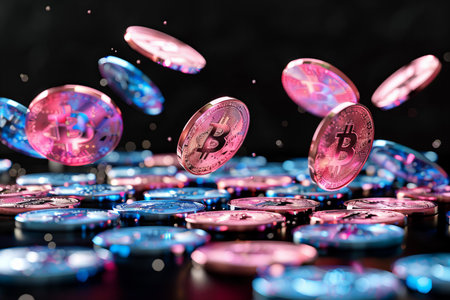 Bitcoin coins flying in the air on a black background. 3d renderingの写真素材