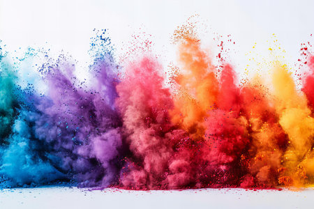 Colorful powder explosion on white background. Colorful dust cloud.の写真素材