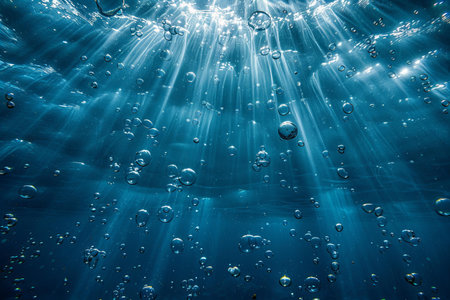 Underwater scene with bubbles and rays of light. Underwater background