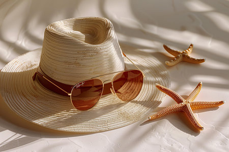 Beach hat, sunglasses and starfish on a white background.の写真素材
