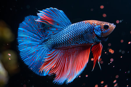 Capture the moving moment of red-blue siamese fighting fish isolated on black background. betta...
