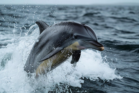 Dolphins jumping out of the water in the Atlantic Ocean.