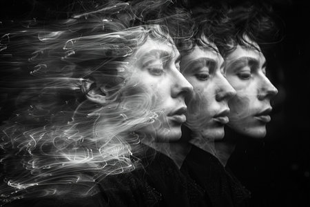 Portrait of two men in smoke. Black and white photo.の写真素材