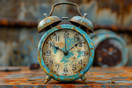 Vintage alarm clock on a rusty metal background. Time concept.の写真素材