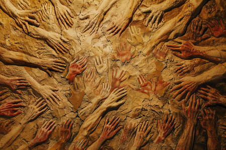 Hands of people in a stone wall. The concept of unity and teamwork.の写真素材