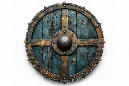 Old wooden shield on a white background. 3d render illustration.の写真素材