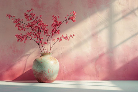 flowers in vase on the table and pink wall with shadowの写真素材