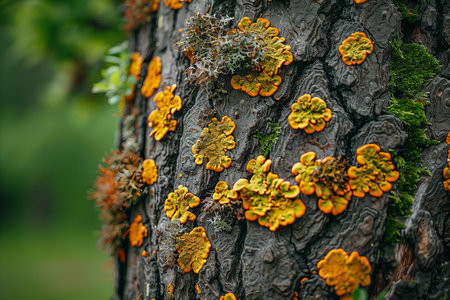 Close-up of orange lichen on the bark of a treeの写真素材