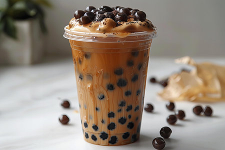 Iced Thai Milk Tea with Bubbles in Plastic Cup on White Tableの写真素材