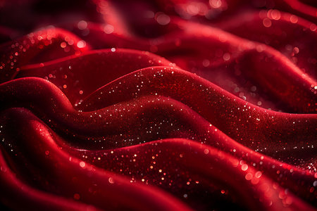 Red silk fabric with glitter and bokeh, close-upの写真素材