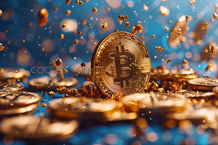 Golden bitcoin on blue background. Cryptocurrency concept. 3D Renderingの写真素材
