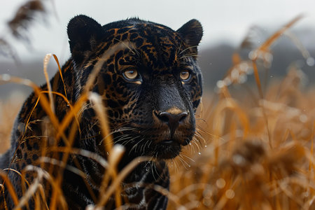 Portrait of a leopard in a meadow in autumn.の写真素材
