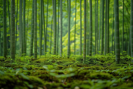 Green bamboo forest in Arashiyama, Kyoto, Japan.