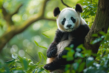 Giant panda sitting on the tree in the forest of Chinaの写真素材