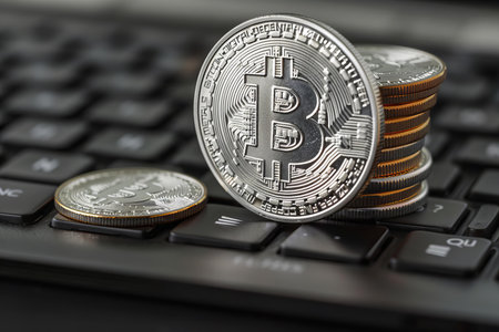 Bitcoin coins on laptop keyboard. Cryptocurrency concept. 3D Renderingの写真素材
