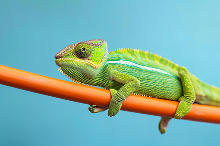 Green chameleon on a perch against a blue background.