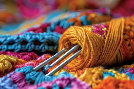 Knitting needles and yarn on a colorful background. Selective focus.