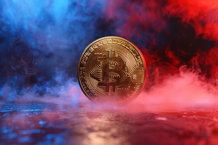 Bitcoin cryptocurrency coin on a dark background with smoke. Cryptocurrency concept.の写真素材