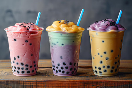 Three cups of bubble milk tea with bubbles on a wooden background.