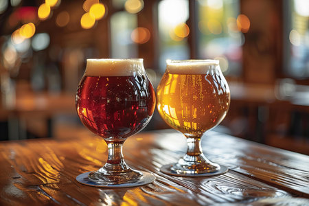 Two glasses of beer on a table in a pub or restaurant.の写真素材