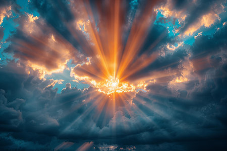 Dramatic sky with clouds and sun rays. Nature background.