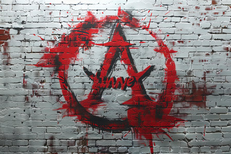 Red graffiti on the brick wall. The concept of street art.の写真素材