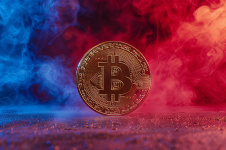 Golden bitcoin on a dark background with blue and red smoke. Cryptocurrency concept.の写真素材