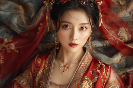 Portrait of a beautiful asian girl in oriental costume.の写真素材