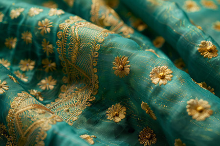 Close up of indian fabric with floral pattern, selective focus.