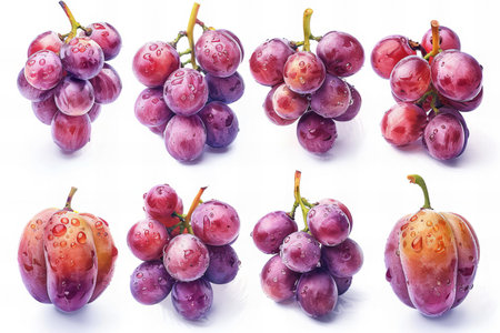 Grapes on a white background with water drops. Collage.