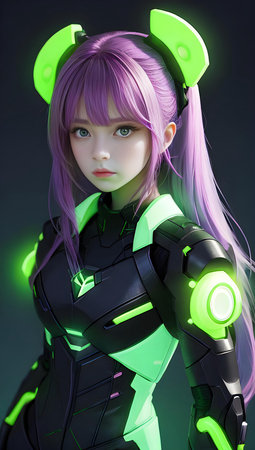 3D rendering of a female robot with purple hair and green eyes