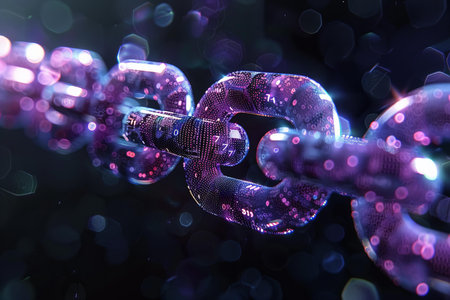 Digital composite of Chain links against bokeh background, 3d renderの写真素材