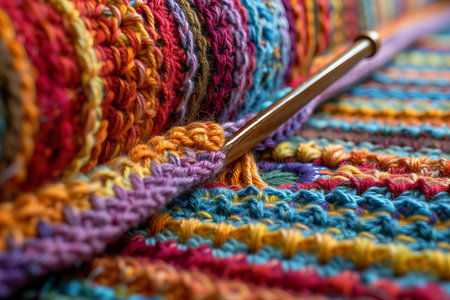 Colorful wool yarn and knitting needles closeup. Selective focus.