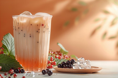 Iced blackcurrant tea with ice cubes and berries on wooden tableの写真素材