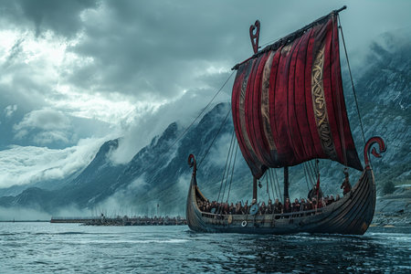 The old ship on the background of the mountains and the cloudy sky
