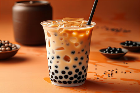 Taiwan milk tea with bubbles in plastic cup on orange background.