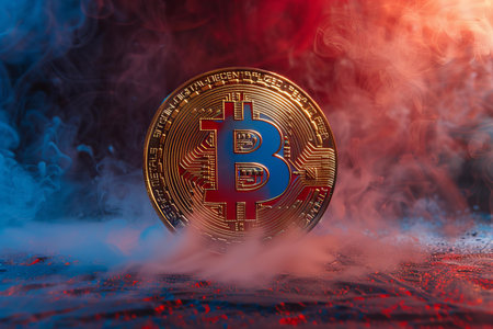 Bitcoin cryptocurrency coin with red and blue smoke background. Cryptocurrency concept.の写真素材