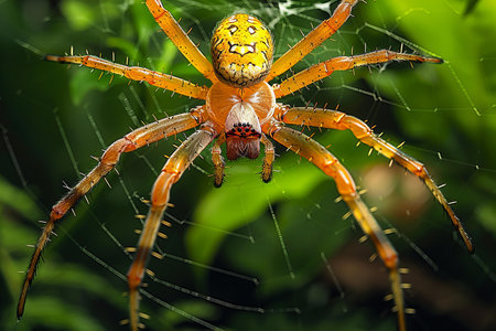 Image of big yellow spider on web on nature background. Insect Animalの写真素材