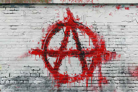 Red peace symbol on a white brick wall. Street art concept.の写真素材