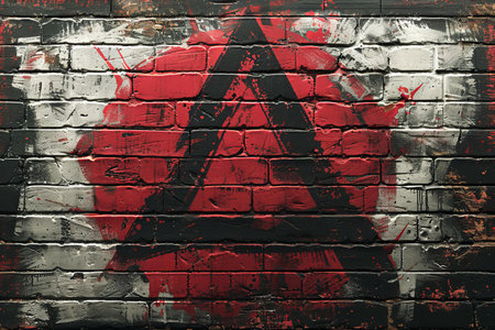 Grunge brick wall with graffiti. Red and white colors.の写真素材
