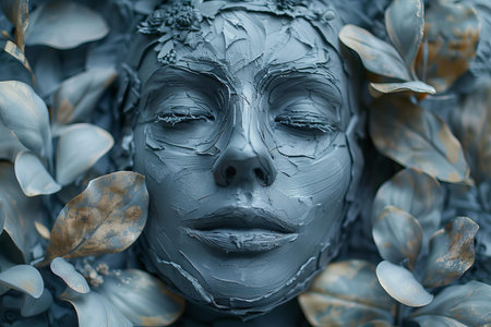 The face of a woman made of blue clay with flowers and leavesの写真素材